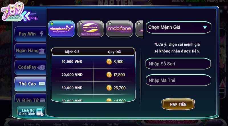 Thanh toán bằng thẻ cào nhanh chóng tại 789club